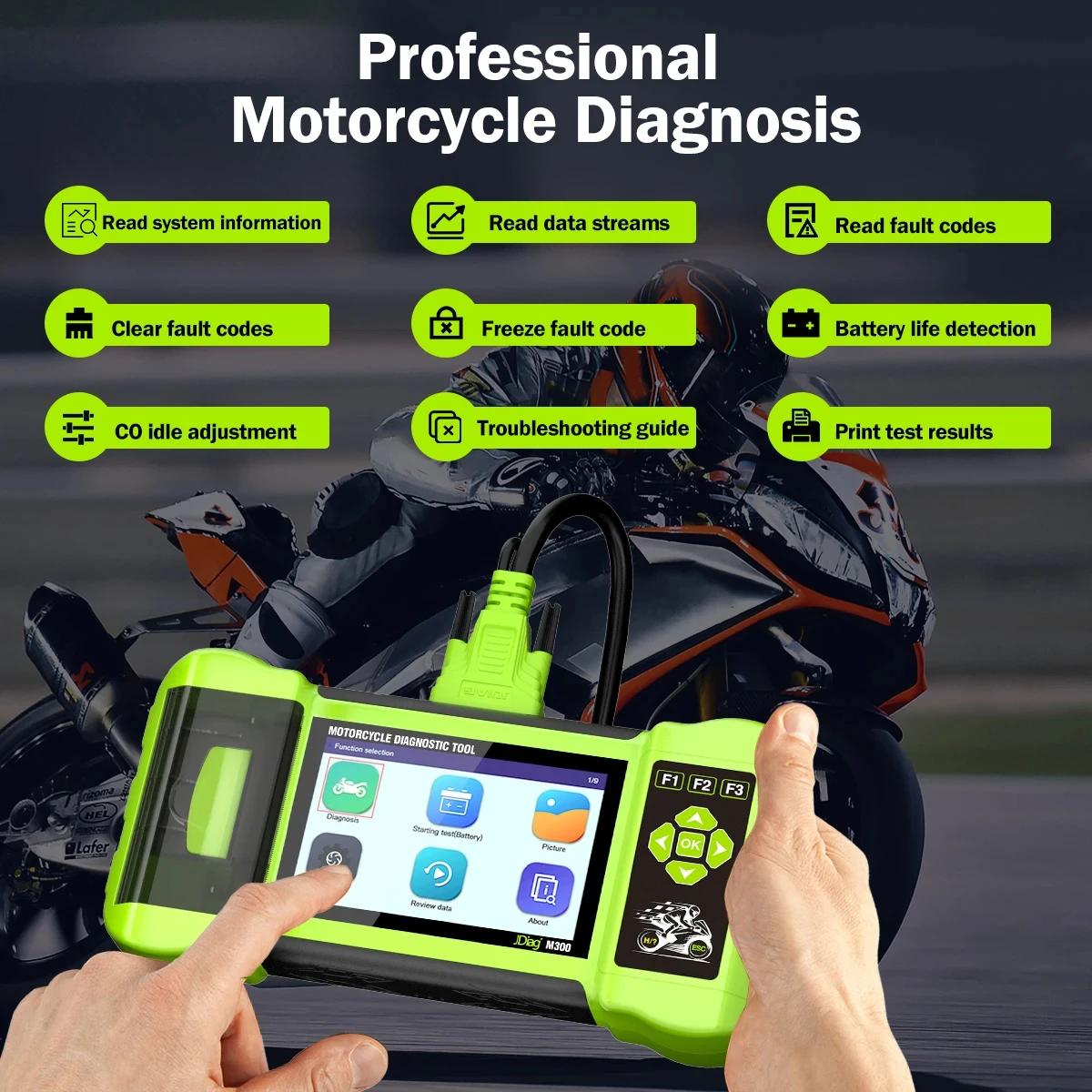 JDiag M300 Diagnosis For Motorcycles Scanner Full Tool Moto Scanner Fault Code Read Abs Engine For BMW YAMAHA HARLEY HONDA DUCA