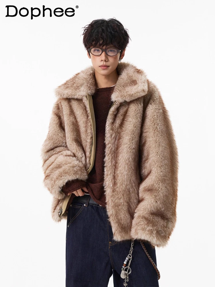 معاطف رجالية عصرية جديدة لشتاء 2025 على الوجهين معاطف سميكة من الفرو الصناعي سترات أنيقة للرجال بأكمام طويلة فضفاضة ومريحة من الفرو الصناعي الدافئ