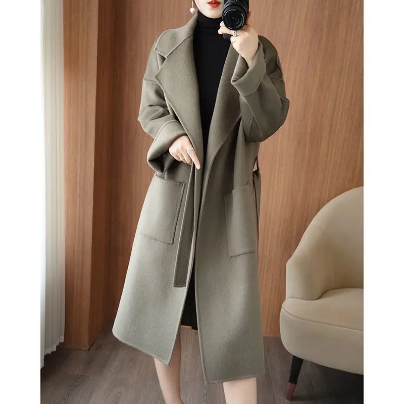 Solid Color Loose Jacket Woolen Coat  Belt Fashion Office Lady Pockets Long Sleeve Elegant for Women Overcoat V27