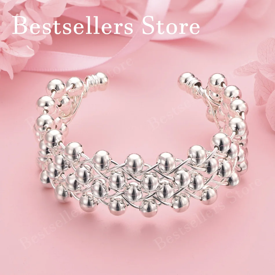 

Luxury 925 sterling silver multi-layer woven round bead open mouth bracelet for women's fashion parties, wedding jewelry