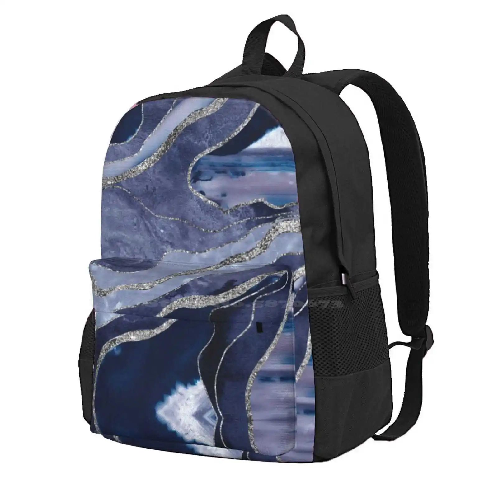 Blue Marble Agate Silver Glam #1 (Photo Of Glitter Only - Not Reflective) Hot Sale Schoolbag Backpack Fashion Bags Collage Blue