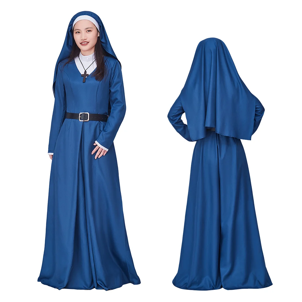 Mrs. Davis Simone Cosplay Costume Blue Belted Headgear Nun Costume Full Set With Cross Necklace Halloween Costume