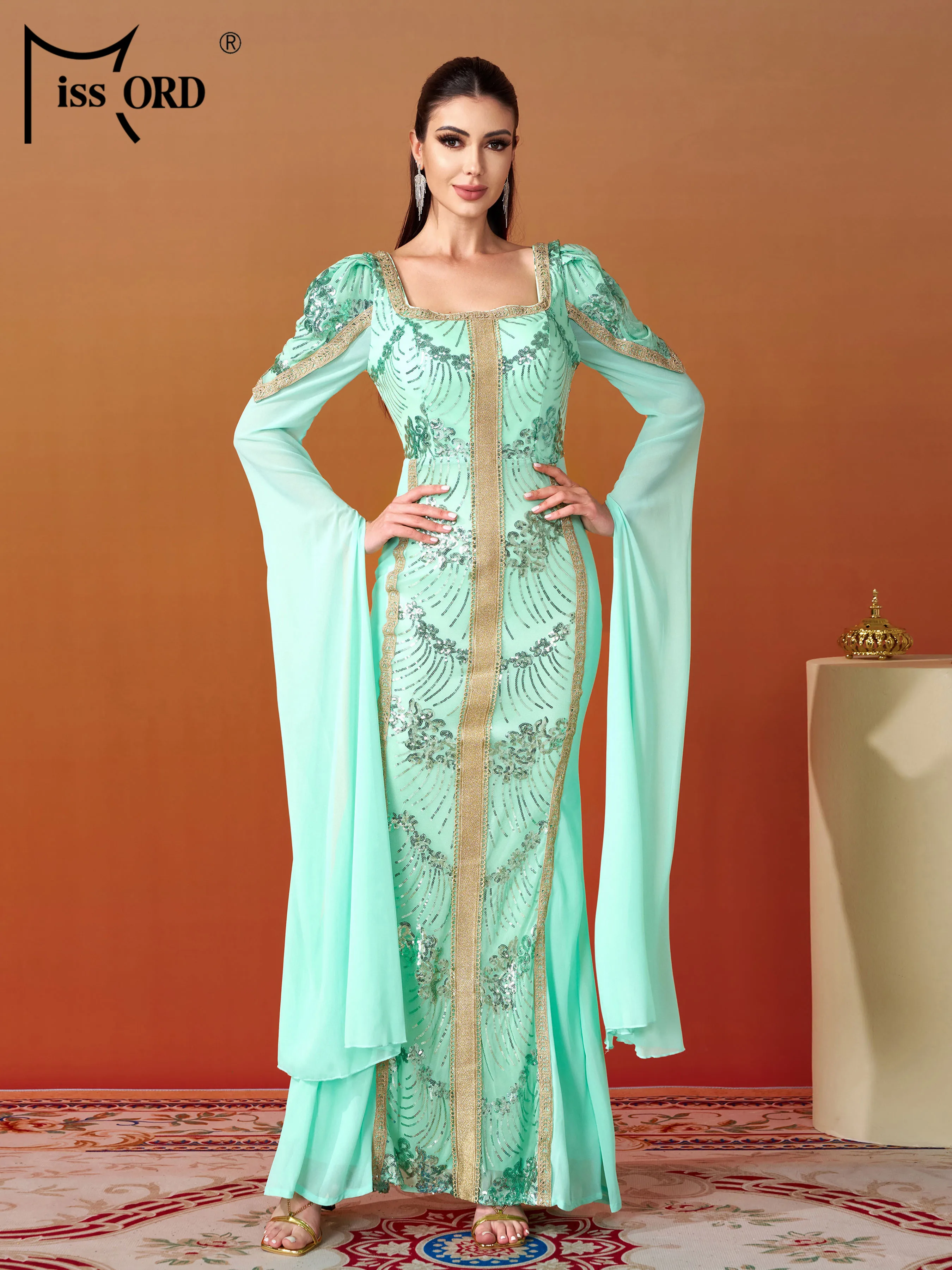 

Missord New Square Neck Long Sleeved Elegant Wedding Birthday Party Evening Gown Muslim Middle Eastern Cocktail Prom Dress