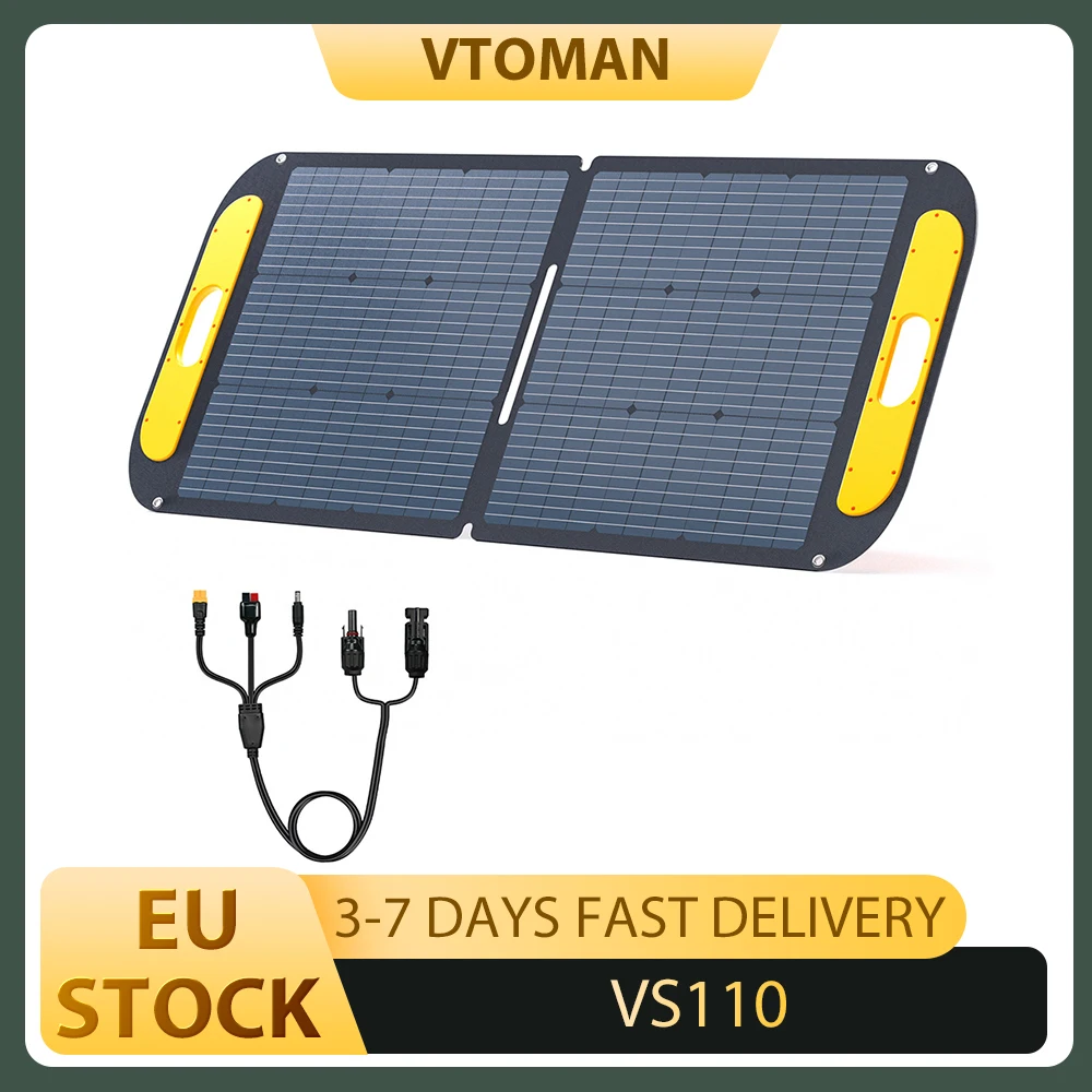 VTOMAN VS110 110 W faltbares Solarpanel, 23 % hocheffiziente monokristalline Zellen, IP67 wasserdichte ETFE-Oberfläche, verstellbarer Ständer, MC4-Anschluss für tragbare Kraftwerke