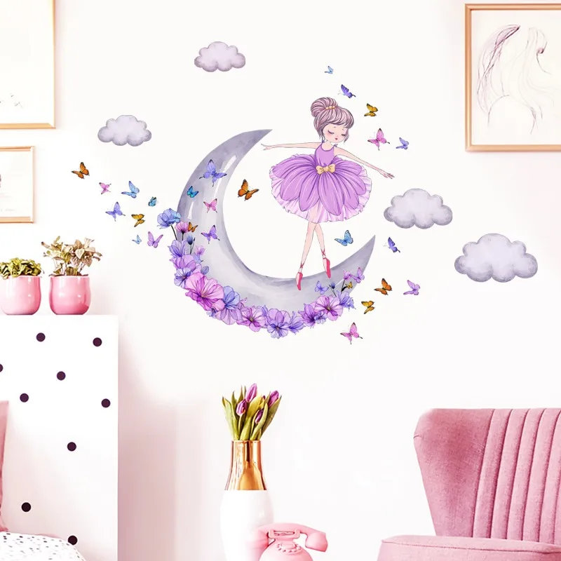 Removable Vinyl Wall Stickers Ballet Little Girl Moon Clouds Butterfly Home Decor Living Room Bedroom