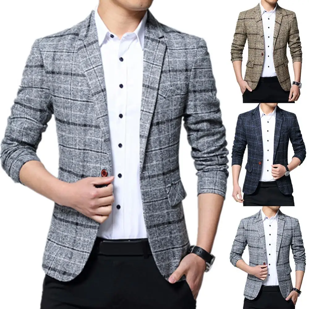 Suit Jacket Male Casual Suit Coat Men 2023 New Men's Plaid Linen Plaid Business Self-cultivation Wedding Dress Party Plus Size M