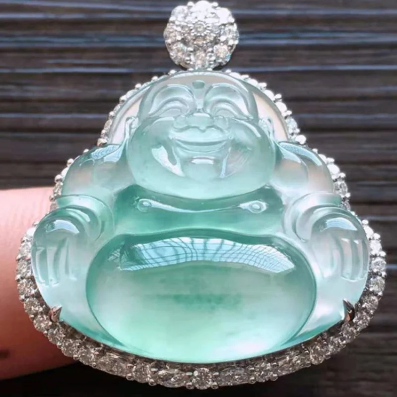 Natural Full Green Ice-like Jadeite Jade Buddha Pendant Myanmar 18K Gold Inlaid