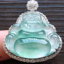 Natural Full Green Ice-like Jadeite Jade Buddha Pendant Myanmar 18K Gold Inlaid