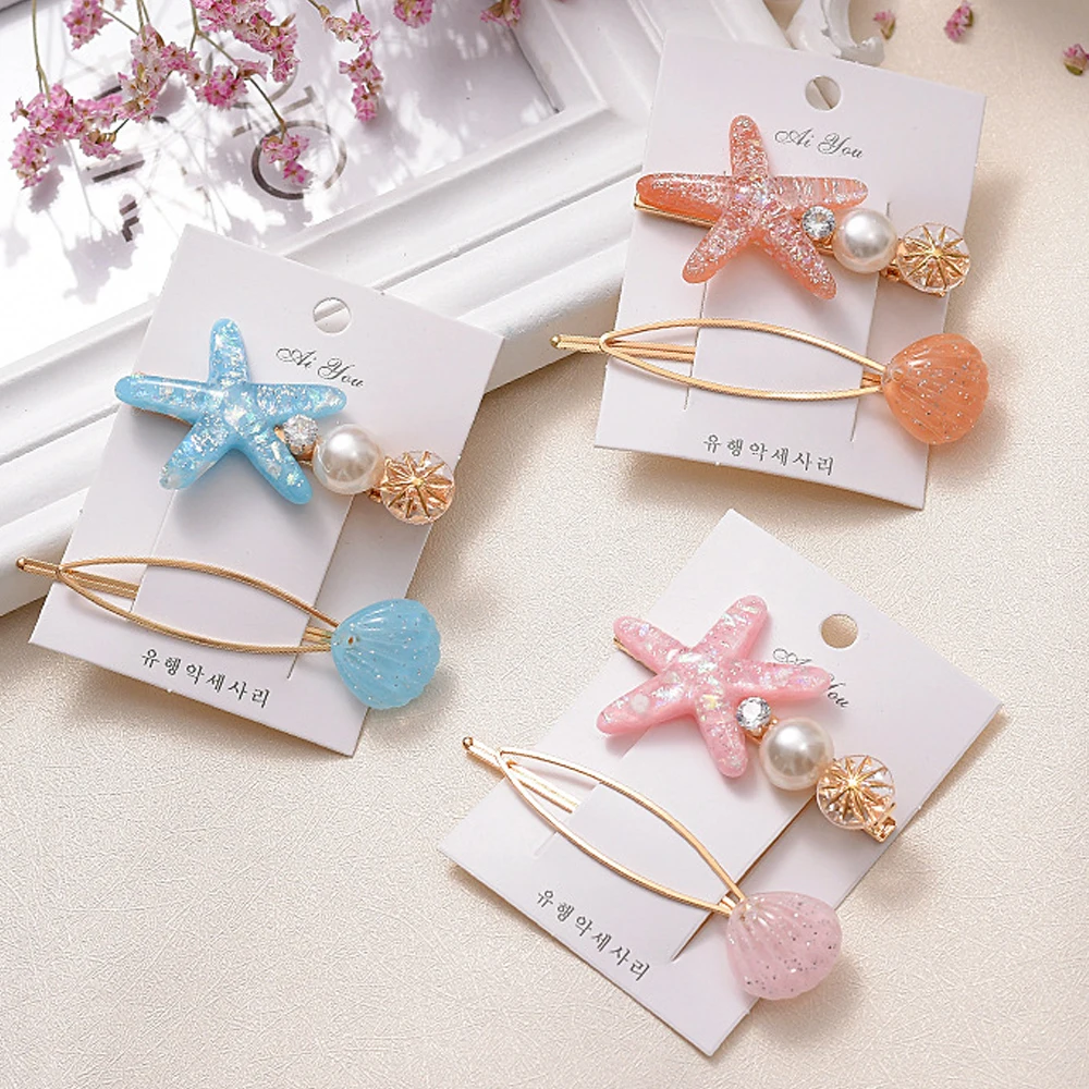 

2pcs/Set Glitter Shell Starfish Shaped Hair Clips Rhinestone Pearl Duckbill Barrettes Women Girls Bangs Hairpins Daily Headwear