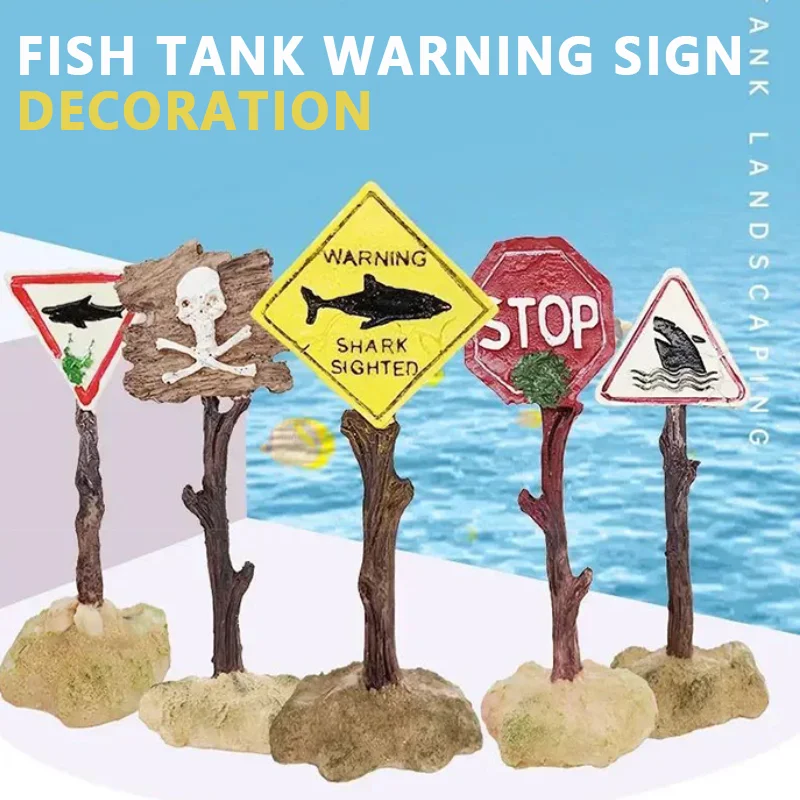 Mini decoración de resina para acuario, señal de advertencia de tiburón de simulación, fondo de acuario, bonito paisaje, adorno de señal de advertencia para pecera