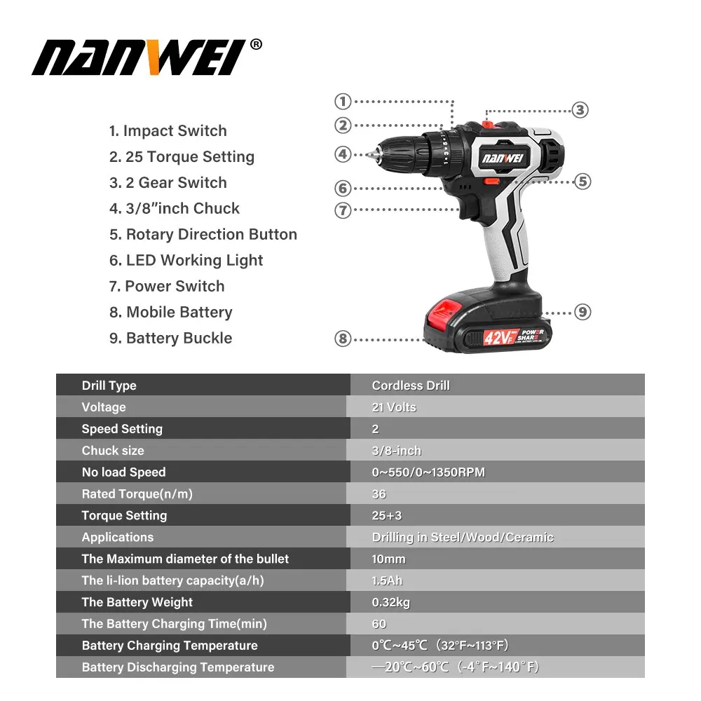 3-In-1 Electric Impact Drill Hammer Drill Electric Screwdriver Rechargable 10mm 2-Speed Cordless Drill