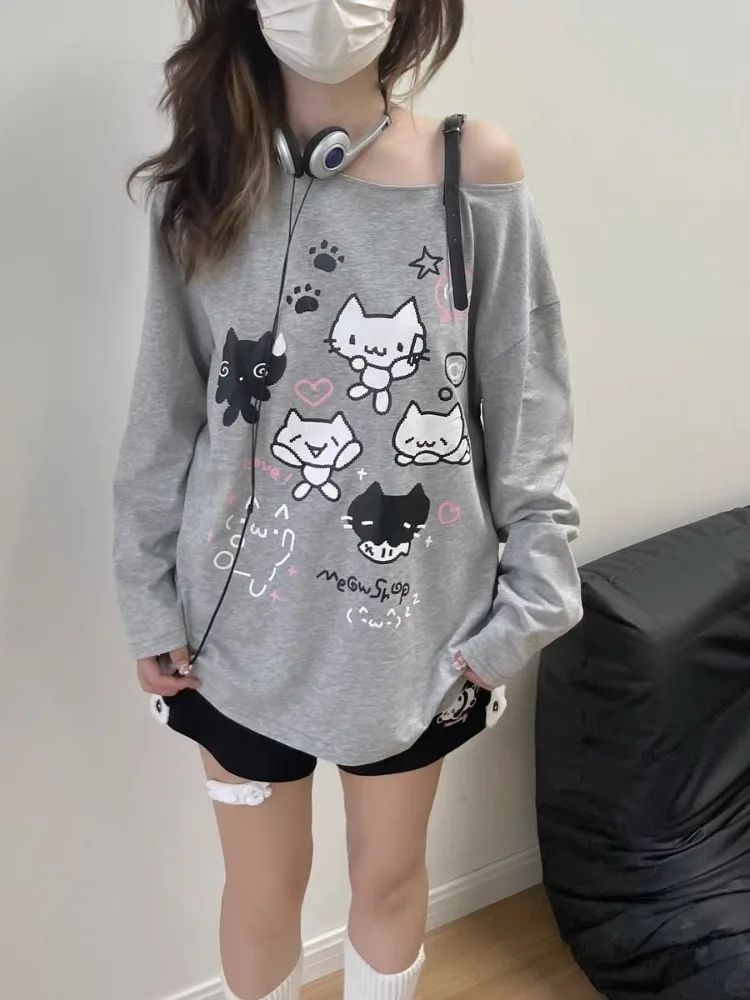 HOUZHOU-moletom grande com estampa de desenhos animados feminino, moletom Kawaii Sweet Bandage, estilo japonês, garota macia, Harajuku Cuteore, Y2K, 2024