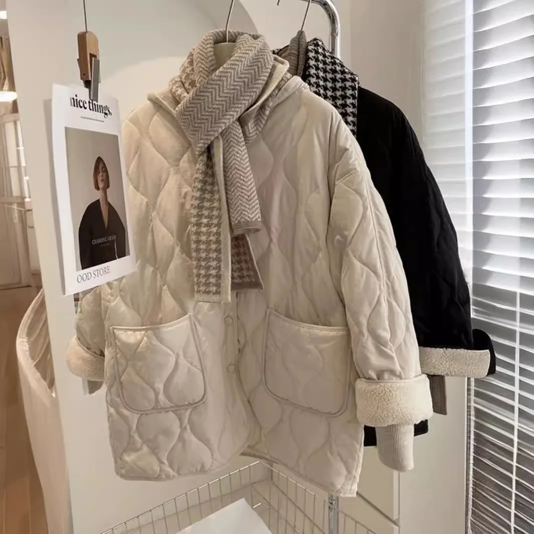 

Warm Cotton Jacket Lightweight Loose Winter Fashion Korean Style Splicing Design No Collar Diamond Patterned Cotton Coat