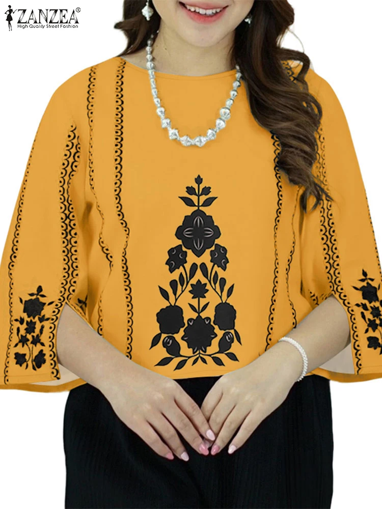 Zanzea mulher casual contraste-cor impressão blusas 2025 verão o pescoço 3/4 manga fenda-manças blusas mujer dia wear commute topos