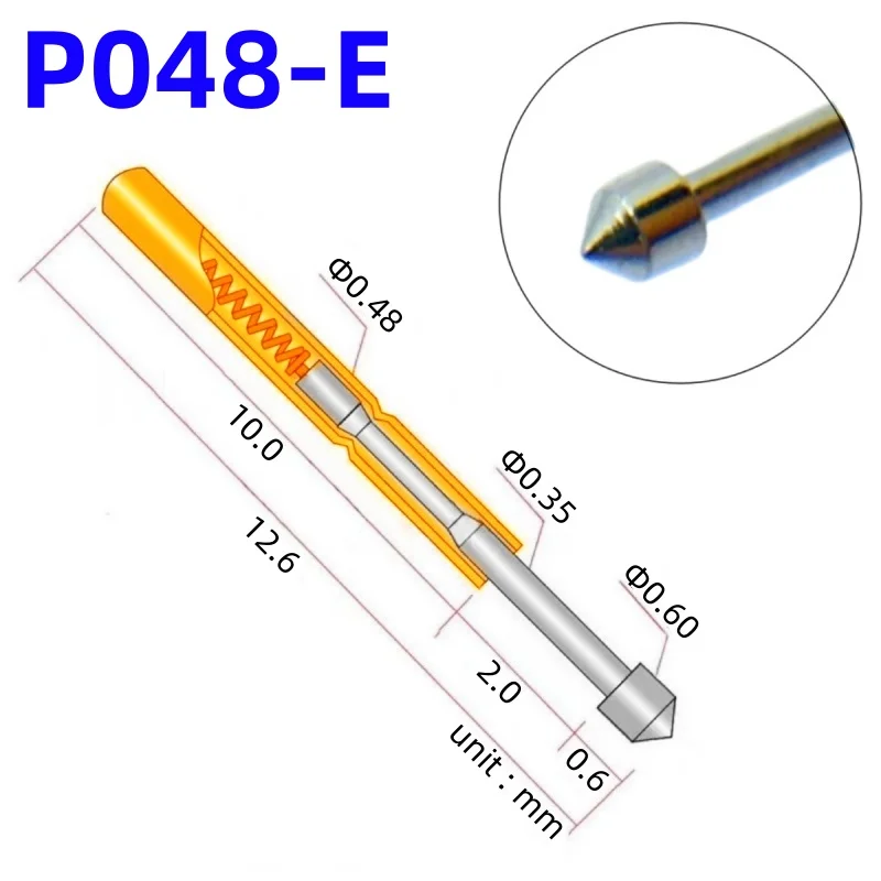 

20/100PCS P048-E2 Spring Test Probe Test Pin Pogo Pin P048-E Electric PCB Test Tool 0.60/0.48/12.6mm Needle Conical Head Tip