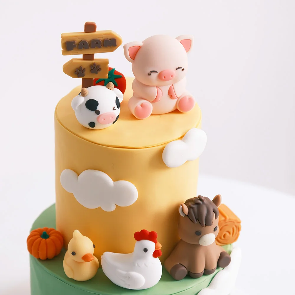 Bauernhoftier-Kuchenaufsatz, süßes Schwein, Schaf, Kuh, Pferd mit Gemüse, Cartoon-Design für Kindergeburtstagsparty-Kuchendekorationen – Detail 1