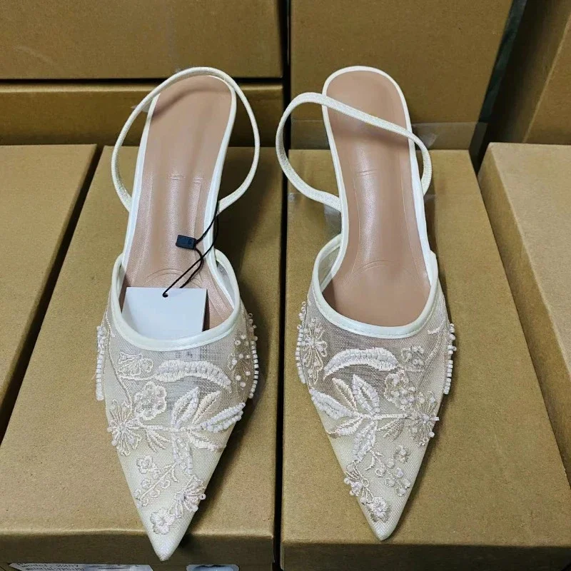 Ladies Flower Mesh Open Heel Sandals Shoes Sexy Designer High Heel Pointed Toe Stiletto Pumps Mules  women sandals image 3