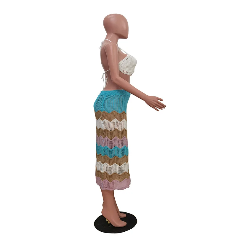 plus Size XXL 2PCS Women's Knitting Bikini Cover-Up Set Sexy Halter Crop Top High Waist Skirt Bottom Wrap Long Beach Dress