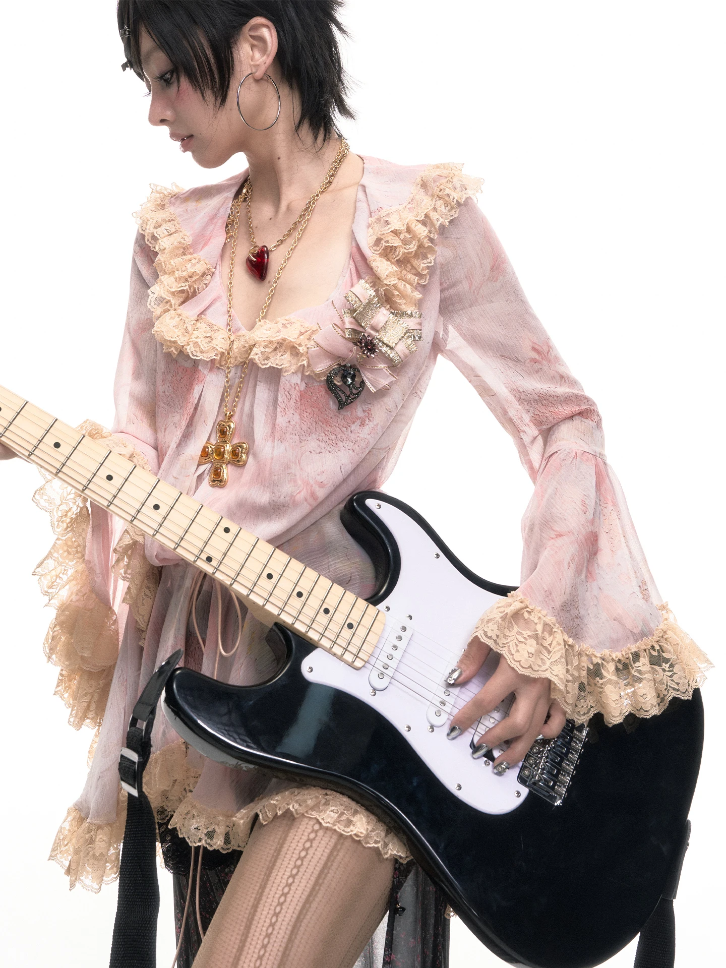 

Long Sve Printed Chiffon Lace Trim V Ne Water Sve Top Original Design Faionable Chinese Sle Women's Blouse