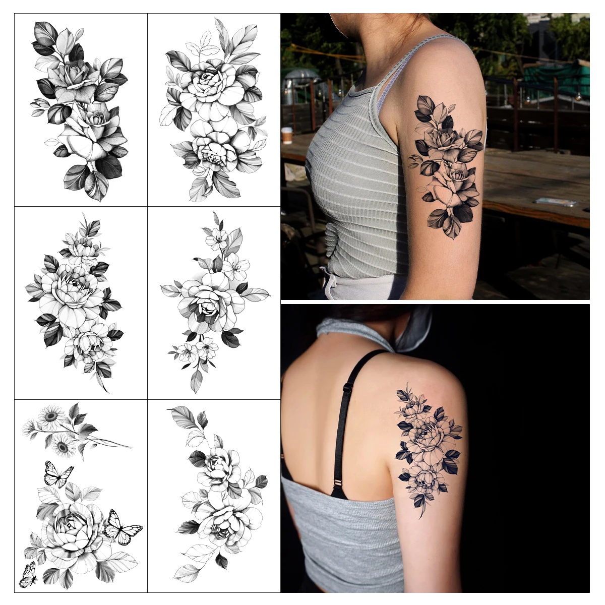 

6/7pcs Sketch Flowers Sketch Tattoo Creative Rose Blossoms Black Flowers Temporary Tattoos Sticker Long Lasting INS DIY Body Art