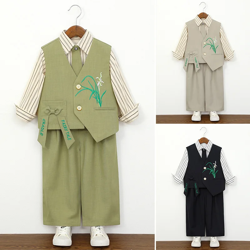 

Spring Boys Vest Suit Set Shirt Pants Orchid Embroidery Chinese Style Gentleman Outfit for Wedding Birthday Party Performance
