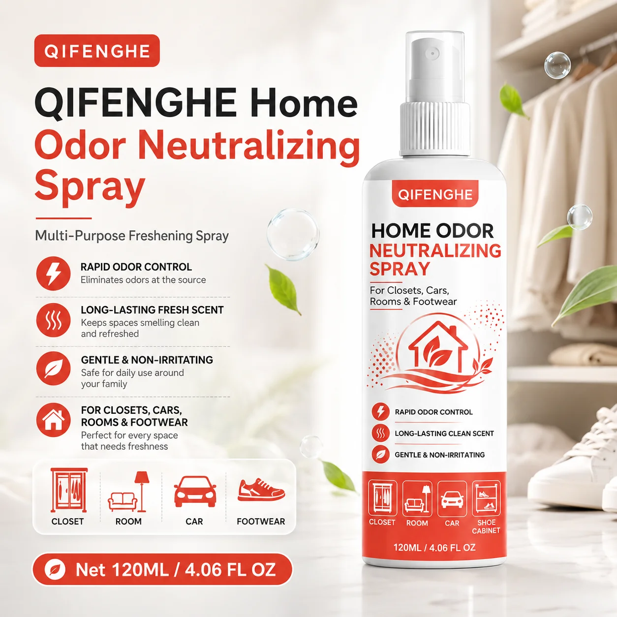 QIFENGHE Foot Shoe Deodorizer Spray, Instant Odor Neutralizer, 120ml All-Purpose Freshener, Safe for Leather Shoes, Sneakers, Cl
