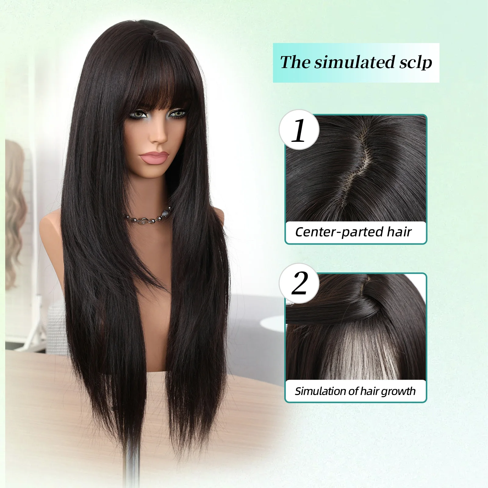 LOUIS FERRE Synthetic Fiber Wig For Women Long Straight Silky Daily Elegant Wigs Black Brown Fake Hair With Bangs High Resistant