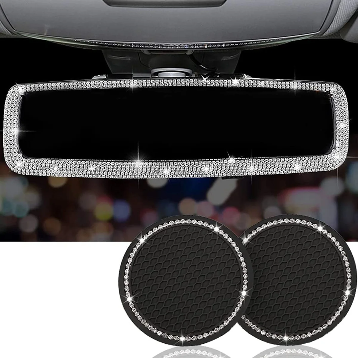 Bling Car Rear View Mirror Rhinestone & Car Cup Holder Coasters Decorations Interior Accessories for Women ,3PCS