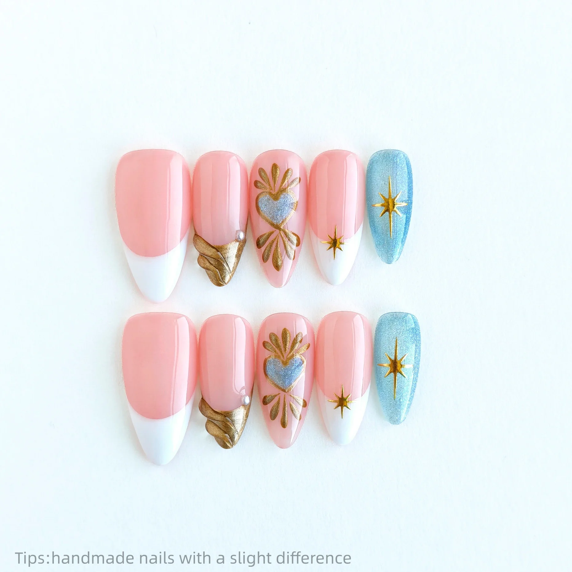 

10 шт., ручной работы, розовое золото, сердце, звезда, пресс для ногтей, миндалевидные длинные носимые многоразовые корейские милые накладные ногти 2026