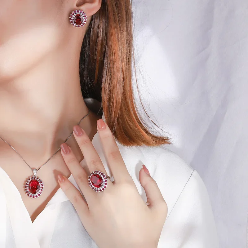 Jewelry European and American popular S925 silver plated 18K gold red glass dan-shaped pendant ring earring set main stone 12*16