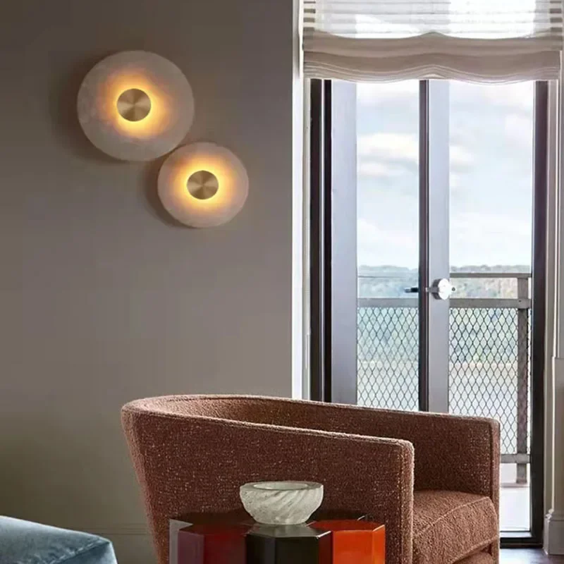 Modern Natural Stone LED Wall Lamps Gold Copper Round Marble Home Decor For Bedroom Living Room Aisle Foyer TV Background Beds