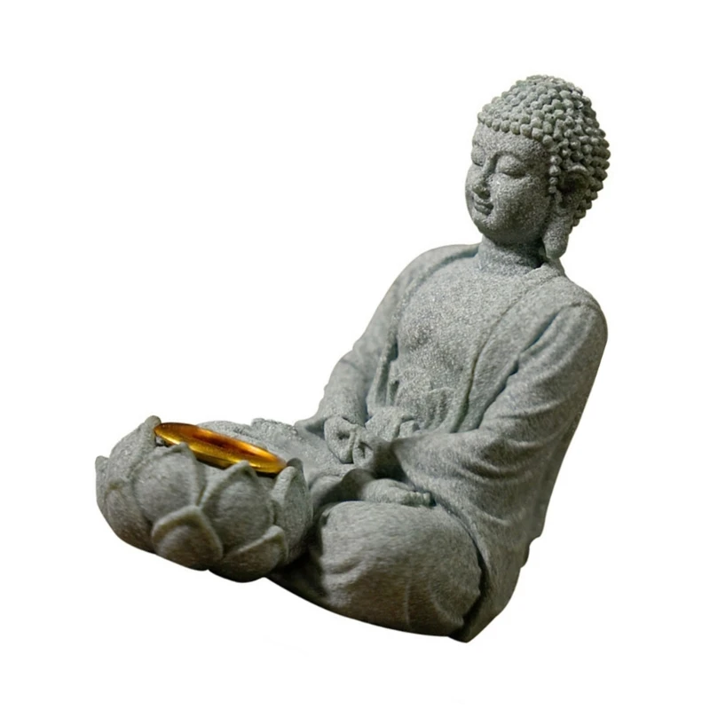 Statuetta in meditazione Scultura in pietra con portacandele Tealight Statua da meditazione Giardino decorazione per