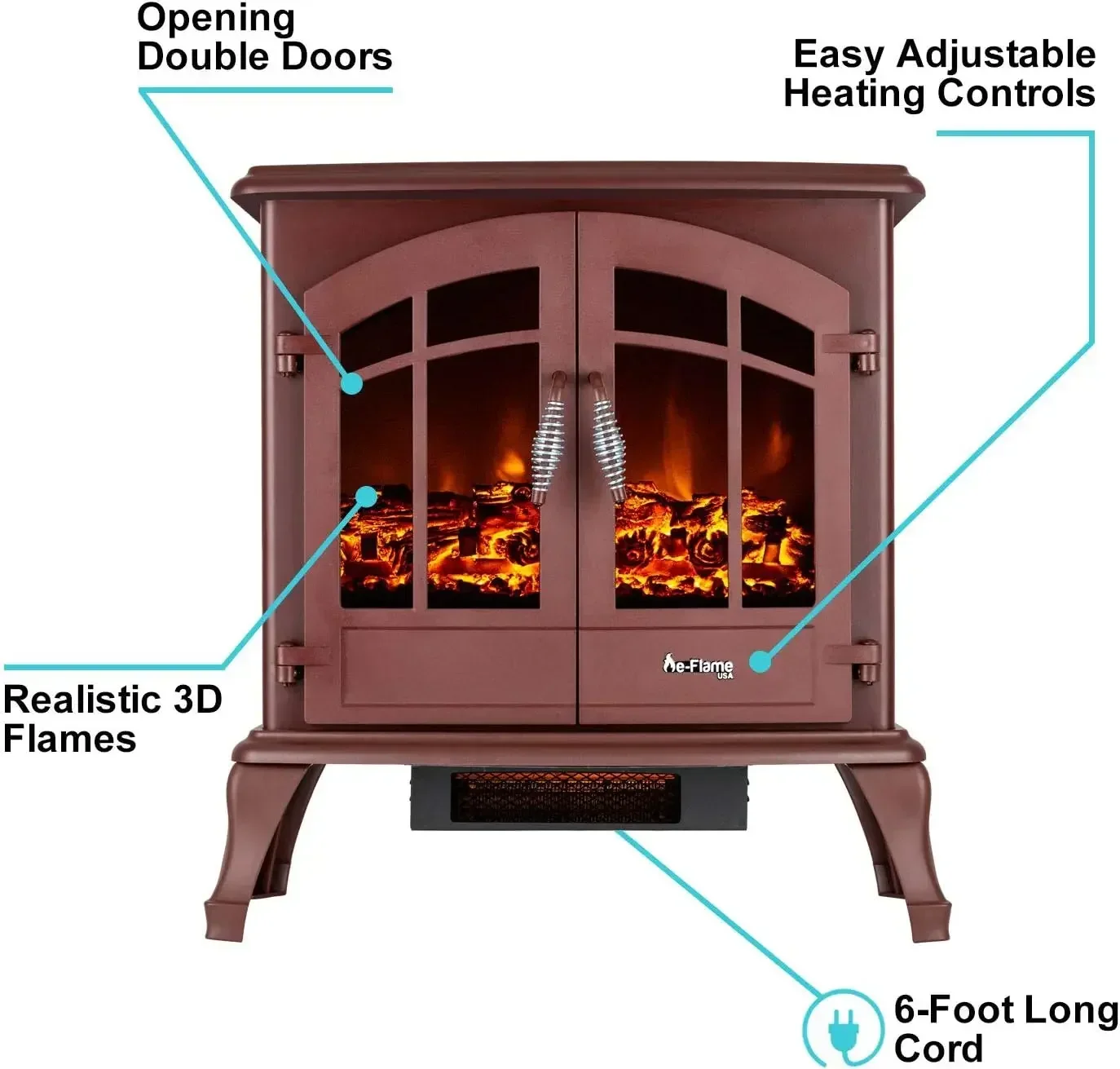 E-Flame-Freestanding  Fireplace, Stove Heater, Realistic 3-D Log, Fire Effect, Red, USA Jasper