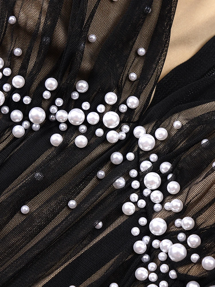 Robe de soirée de célébrité, Sexy, noire, style sirène, col en v, paillettes perlées, manches longues, fente avant, coupe cintrée, transparente
