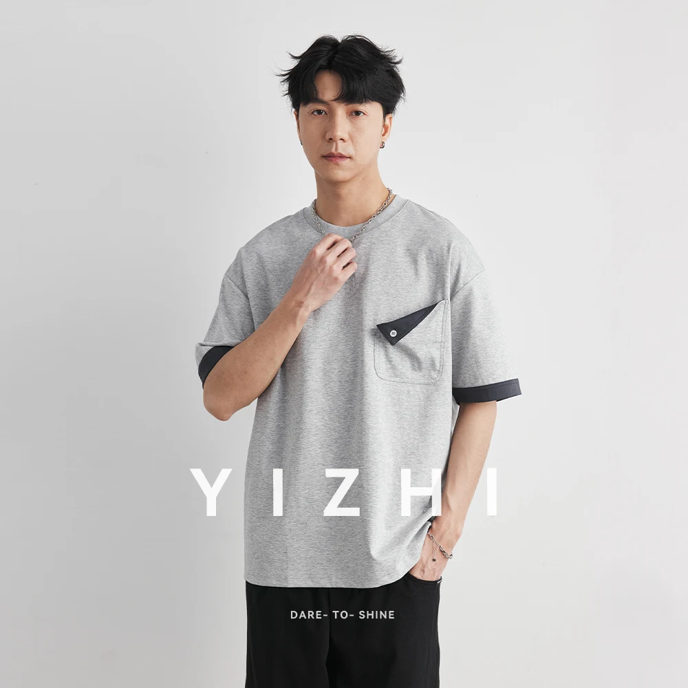 

Fashion Men's Heavyweight 220g 40s Contrast Cuff T-Shirt 2026 Summer Crew Neck Loose Pocket Soft Breathable Short Sleeve