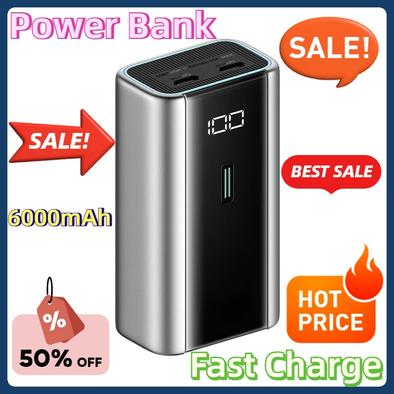 For IPhone 15 14 Xiaomi Samsung Power Bank 6000mAh  USB C 55W MAX Output Fast Charge Mini Powerbank