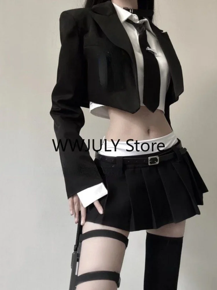 2024 Vintage 3 Piece Set Skirt Woman Black Short Blazers + Casual Shirt + Slim Mini Skirt Party Korean Fashion Suit Female Chic