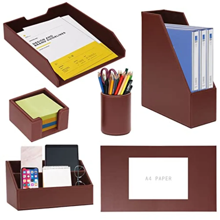 

6 Pcs Office Supplies/Desk Organizer Set with Desktop Leather Writing Pad, File Paper Tray, Magazine folder Holder, Pen Cup, St