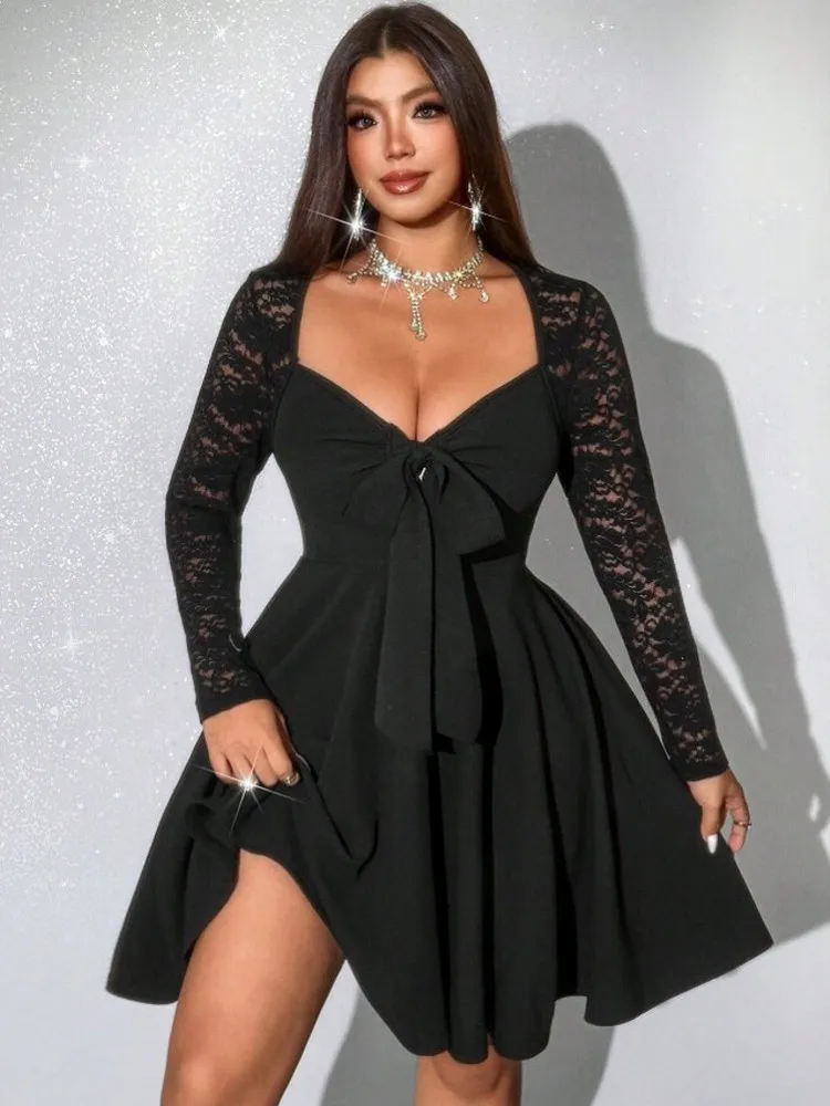 0XL-4XL Plus Size Women Clothes Dresses Autumn Spring Robes Long Sleeve Lace Street Style Casual 3XL Big Size Dress Oversized