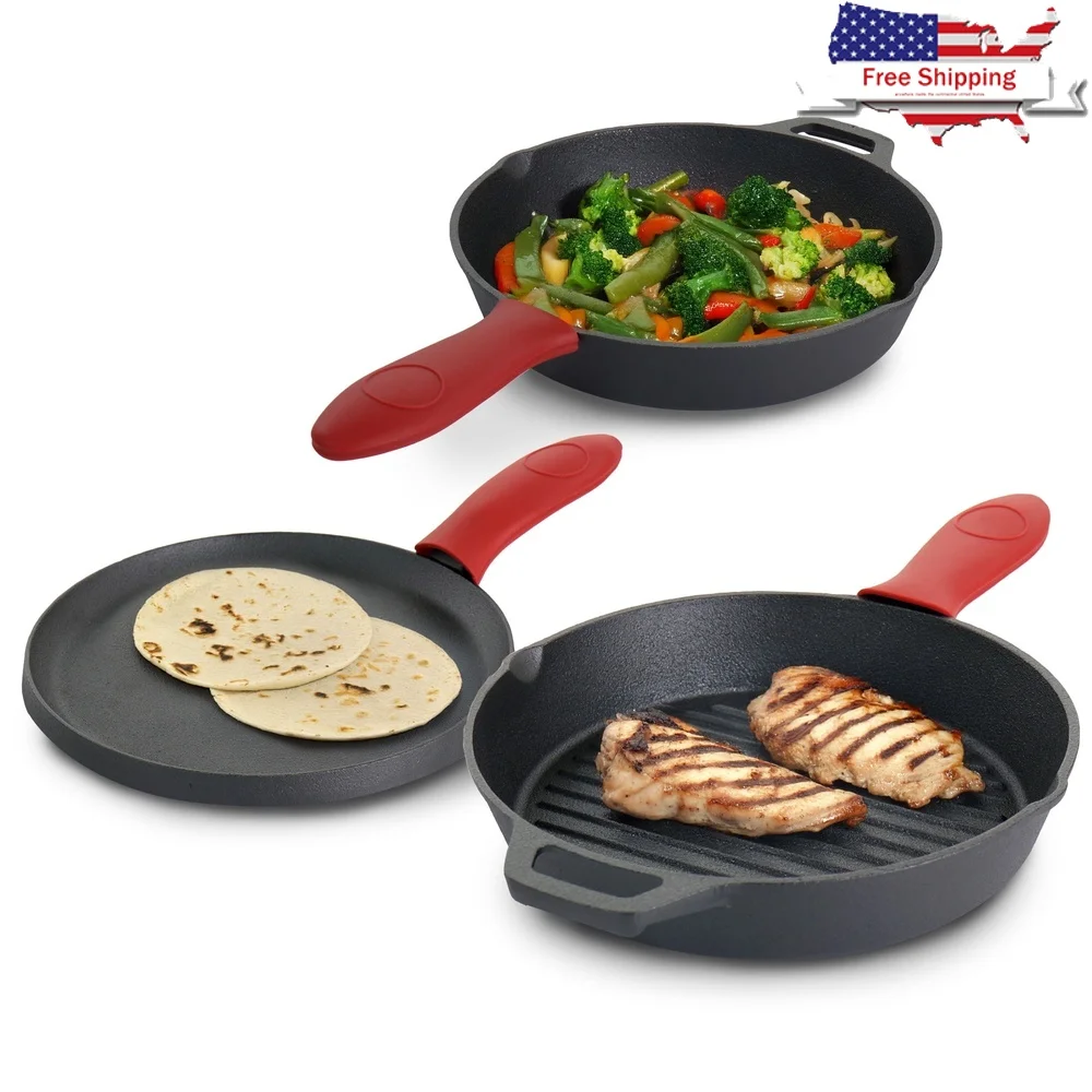 

Pre-Seasoned Cast Iron Cookware Set with Silicone Holders Ideal Searing Baking Frying Roasting and Serving Meals