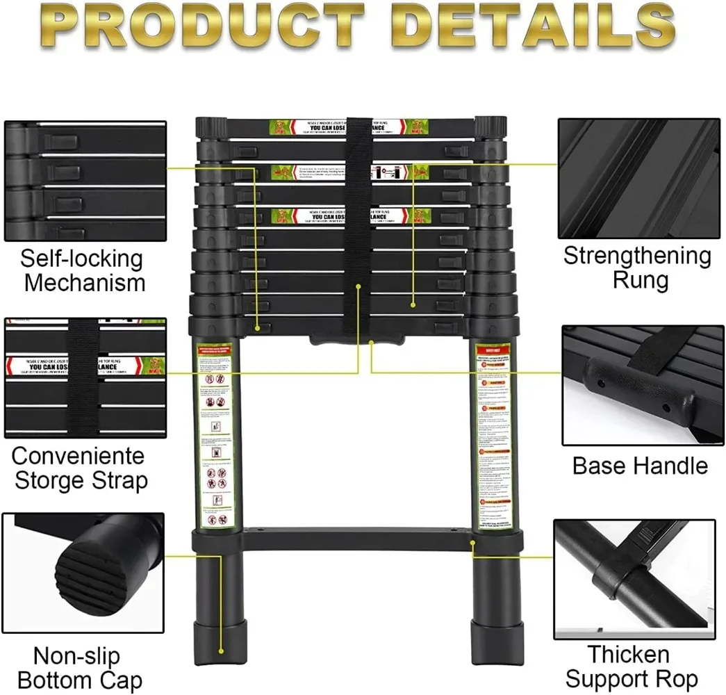 Escalera de extensión, escalera telescópica de aluminio RIKADE de 20,3 pies con pies antideslizantes, escalera telescópica portátil para el hogar