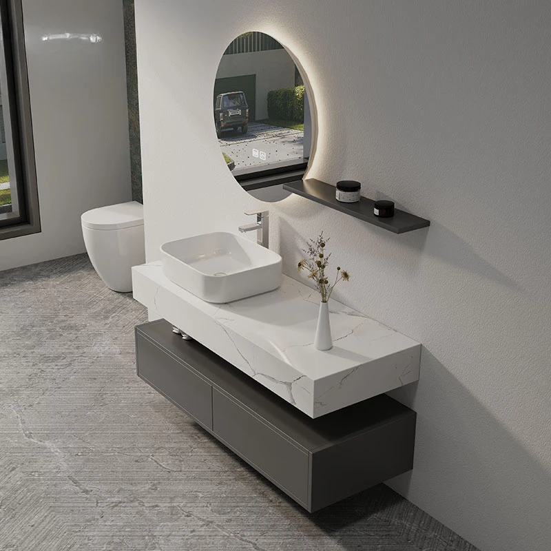 Modern simple bathroom cabinet with basin on the rock platform combined with light luxury bathroom custom wall washstand.