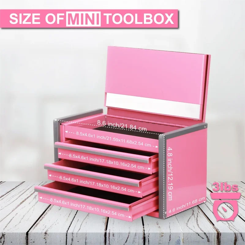 1pc Pink Mini Steel Tool Box with 3 Drawers, Portable Micro Top Chest with Magnetic Locking and Liner