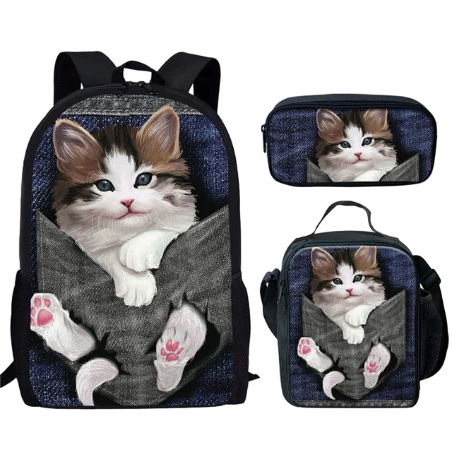 Bolsas escolares com gato bonito, 3D Print, mochila para laptop, mochila, bolsa de ombro inclinado, estojo na moda, 3 pçs/set