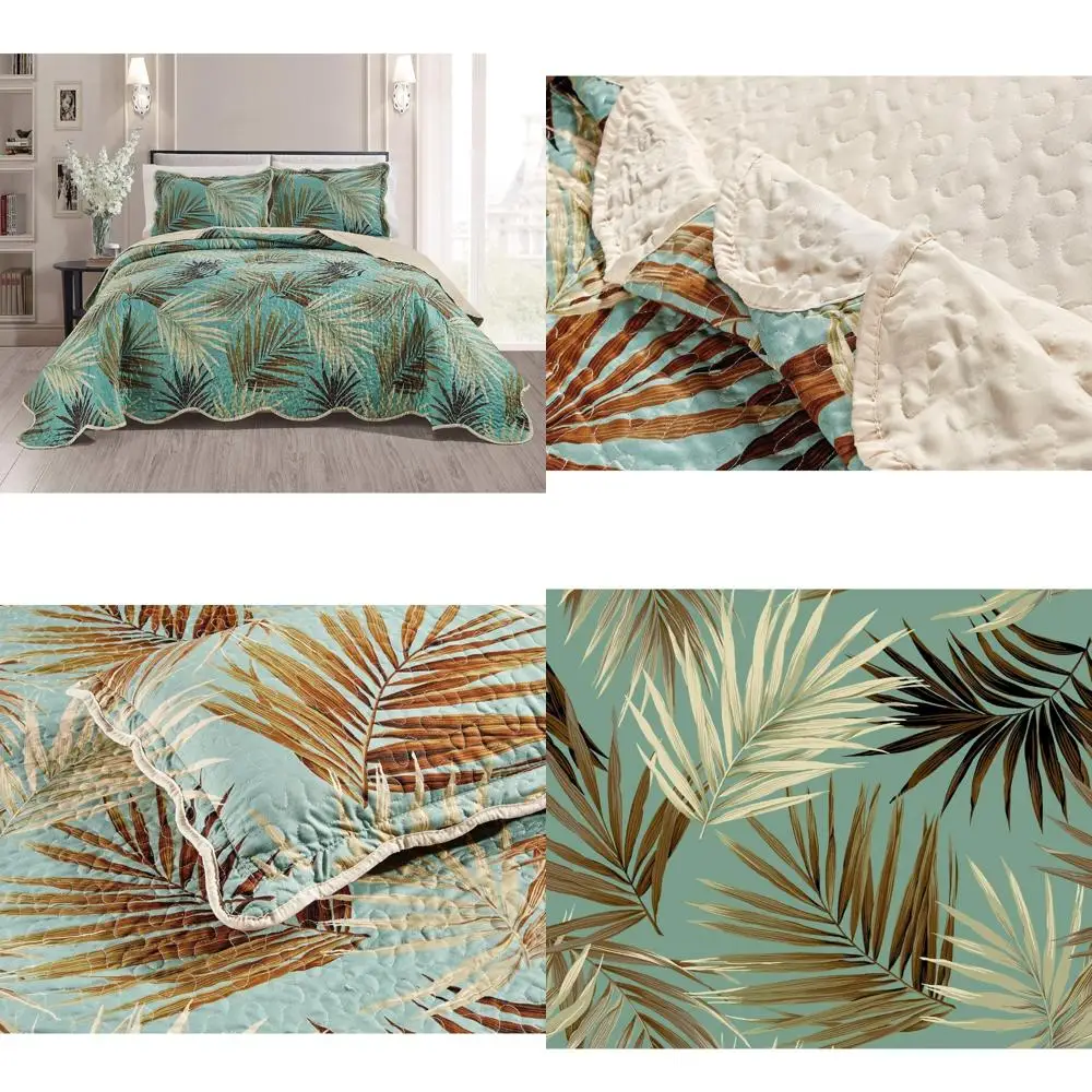 

King Size Tropical Palm Leaves Oversized Quilt Set with Sage and Aqua Colors