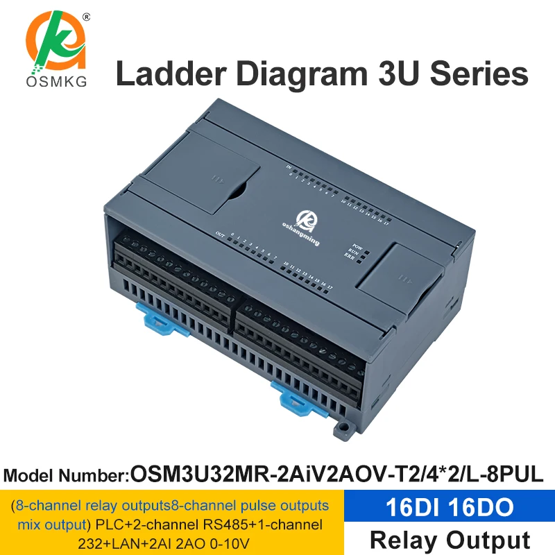 oshangming 16DI 8DO Relay Output PLC 2AI 2AO 8Pulse RS485 RS232 LAN Modbus Rtu/TCP ladder Diagram PLC Controller