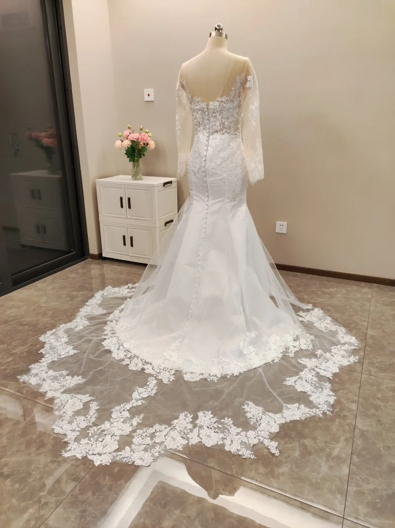 Elegante querida sereia vestido de casamento personalizado manga longa aberto volta vestidos de novia renda applique vestido de noiva