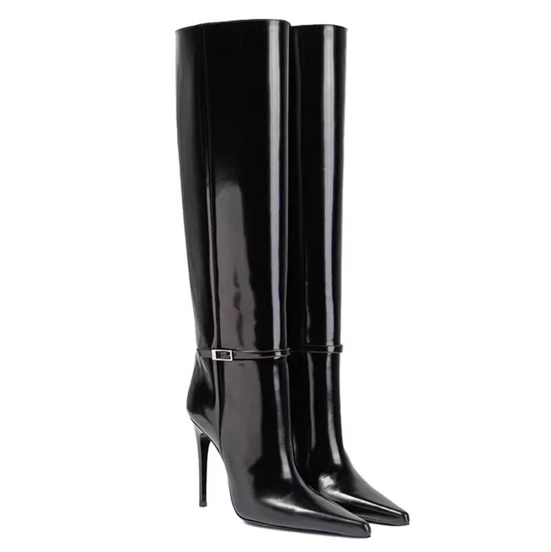 

Black Patent Leather Knee-High Stiletto Boots Buckle Detail Pointed Toe High-Heel Simple Fashion Women's Straight Boots