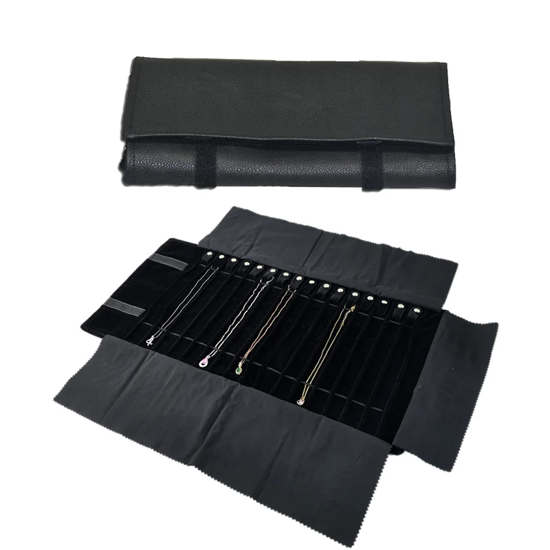 Black PU Leather set Jewelry Display Roll Bag Necklace Punch Pendant Ring Earring Stud Chain Organizer Display Travel Roll Bag