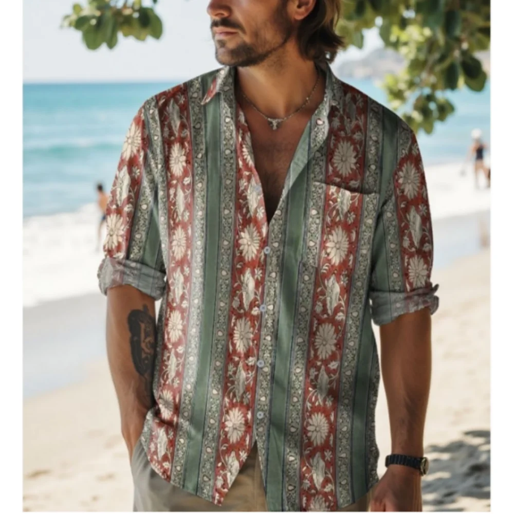 

Men's social and leisure Hawaiian floral long sleeved shirt with retro floral pattern beach Harajuku fashion luxury clothing lin